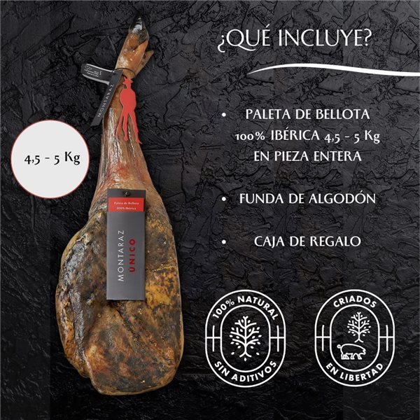 Paleta Ibérica de Bellota 100% Raza Ibérica Montaraz | Curación 24 Meses | Pieza Entera de 4,5-5 kg | Calidad Gourmet | Sin Aditivos ni Conservantes-lateral