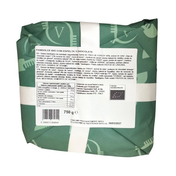 Bio-veganer Dinkel- und Schokoladen-Panettone 750g Pasticceria Venecia-trasera