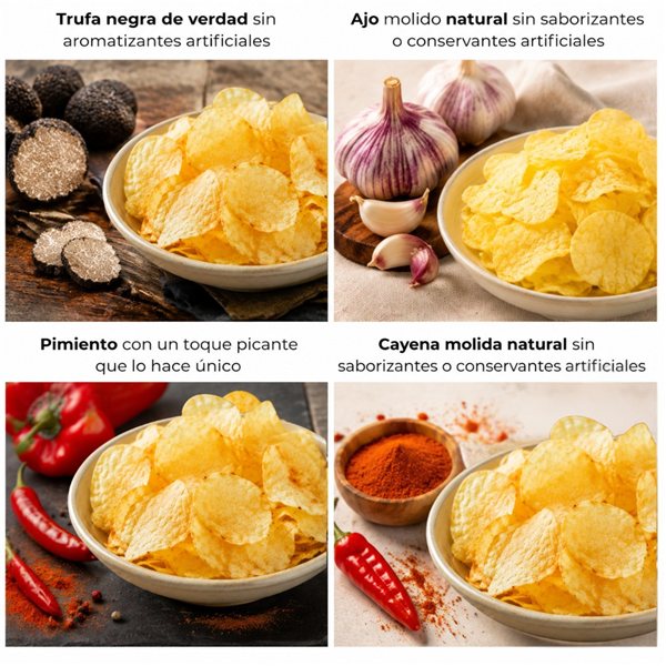 Patatas Fritas Gourmet | Pack Surtido 6 Bolsas Patatas Artesanas con Aceite de Oliva Virgen | Sin Sal + Ajo + Pimentón + Sal Marina + Cayena + Trufa | Snack Premium-izquierda