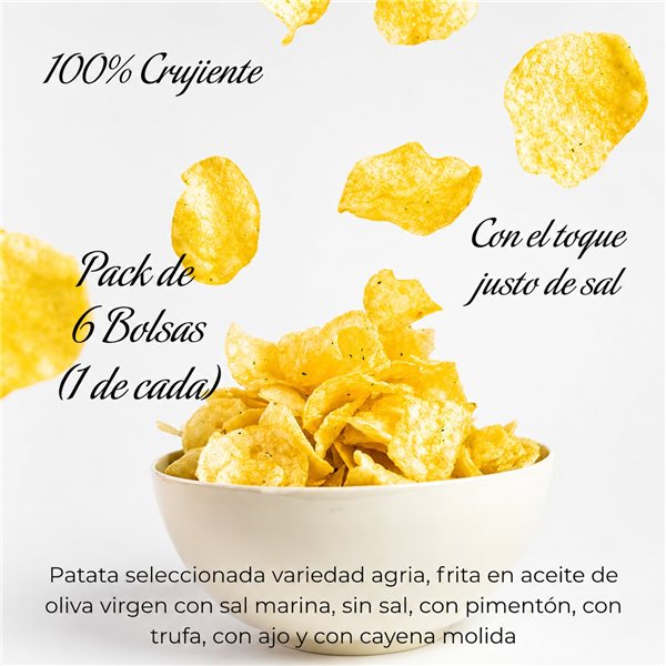 Patatas Fritas Gourmet | Pack Surtido 6 Bolsas Patatas Artesanas con Aceite de Oliva Virgen | Sin Sal + Ajo + Pimentón + Sal Marina + Cayena + Trufa | Snack Premium-lateral