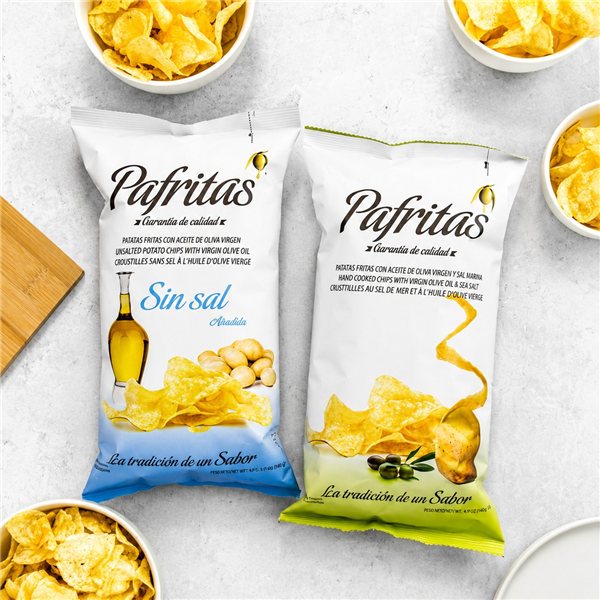 Patatas Fritas Gourmet | Pack Surtido 6 Bolsas Patatas Artesanas con Aceite de Oliva Virgen | Sin Sal + Ajo + Pimentón + Sal Marina + Cayena + Trufa | Snack Premium-trasera