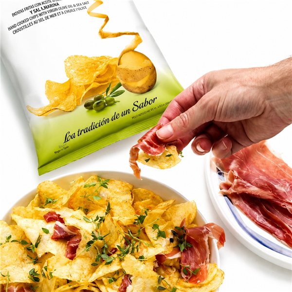 Chips Gourmet Premium | Pack de 6 Sacs de Pommes de Terre Artisanales avec Huile d'Olive Extra Vierge et Sel Marin | 6x120g | Snack Gourmet Sans Gluten pour Apéritifs-izquierda
