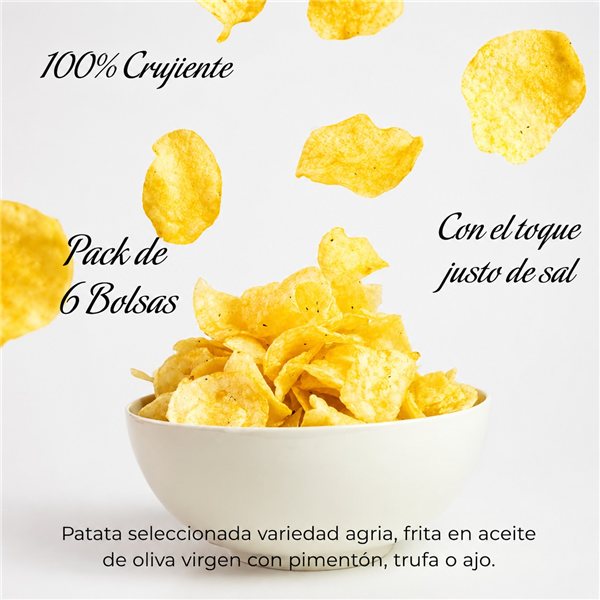 Gourmet Premium Potato Chips | Pack of 6 Bags of Artisan Potatoes with Extra Virgin Olive Oil | 2x100g Truffle + 2x140g Garlic + 2x140g Paprika | Gluten-Free Gourmet Snack for Appetizers-detalle