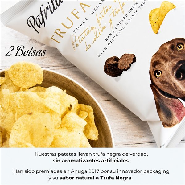 Gourmet Premium Potato Chips | Pack of 6 Bags of Artisan Potatoes with Extra Virgin Olive Oil | 2x100g Truffle + 2x140g Garlic + 2x140g Paprika | Gluten-Free Gourmet Snack for Appetizers-izquierda