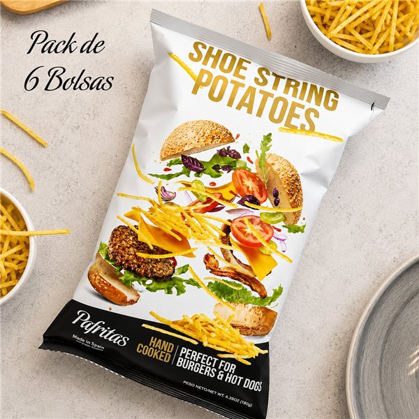 Chips Gourmet Premium | Pack de 6 Sacs de Pommes de Terre Artisanales à l'Huile d'Olive Vierge pour Hamburgers et Plats Préparés | 6x180g | Snack Gourmet Sans Gluten-detalle