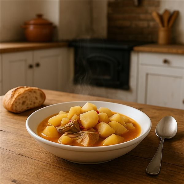 Stewed potatoes with artichokes in a homemade pot-lateral