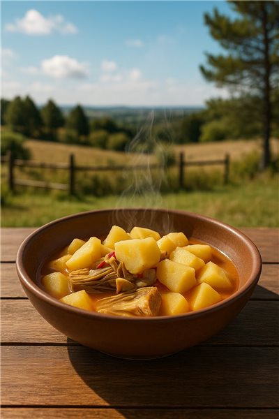 Stewed potatoes with artichokes in a homemade pot-trasera