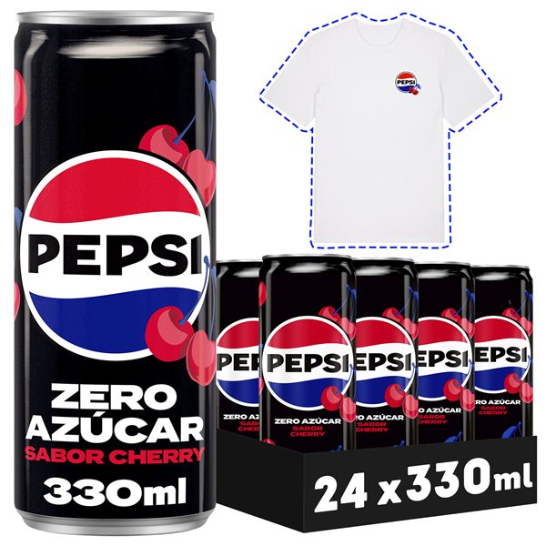 PEPSI Zero Cherry Cola-Getränk mit null Zucker und null Kalorien, 24er-Pack à 330 ml, insgesamt 7,92 Liter (mit oder ohne Geschenk)-detalle