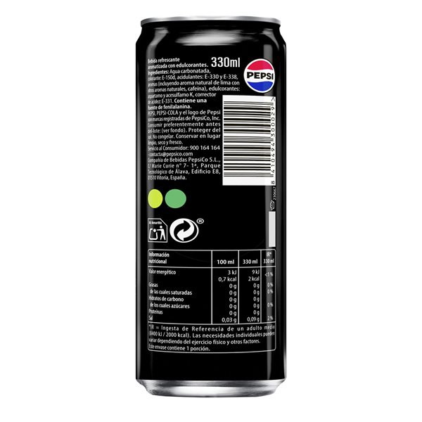 PEPSI Zero Lime Cola-Getränk mit null Zucker und null Kalorien, 24er-Pack mit 330 ml Dosen, insgesamt 7,92 Liter (mit oder ohne Geschenk)-trasera