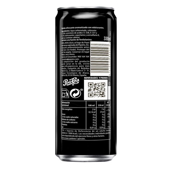 PEPSI Zero Cola-Getränk mit null Zucker und null Kalorien, Packung mit 24 Dosen à 330 ml, insgesamt 7,92 Liter (mit oder ohne Geschenk)-trasera