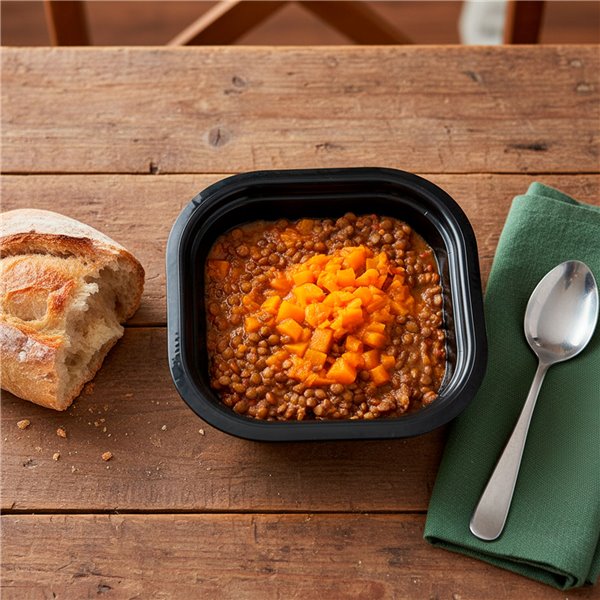 FRAGEN SIE WIE ZU HAUSE | Fertiggerichte zum Aufwärmen | Linsen mit Kürbis, Hühnchen Stroganoff mit Reis | Hausgemachter und nahrhafter Geschmack | Packung 2 x 350 g-trasera