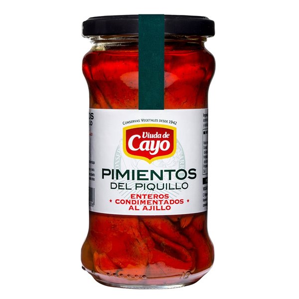 Pimientos del Piquillo Enteros al Ajillo Viuda de Cayo – Conserva Gourmet Artesanal-detalle