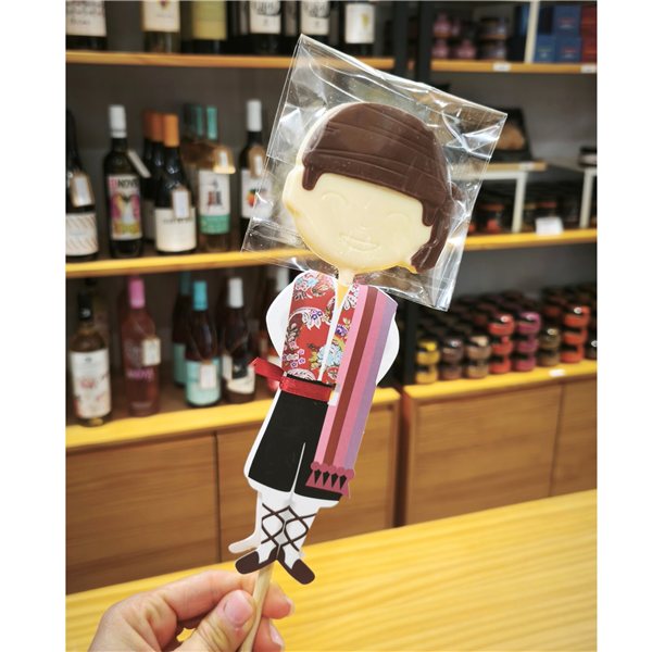 La traducción al alemán de "Piruleta fallero de chocolate 'Mario Padial'" es:

"Schokoladen-Lutscher 'Mario Padial'"-detalle