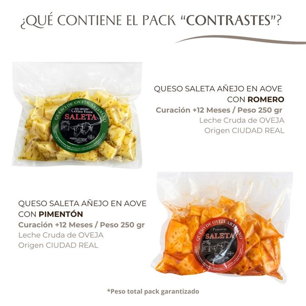 Quesos Gourmet "Pack Contrastes" | 2 Bolsas de Tacos de Queso Curado en Aceite de Oliva Virgen Extra (AOVE) con Pimentón y con Romero | Elaboración Artesana Quesos Saleta-detalle