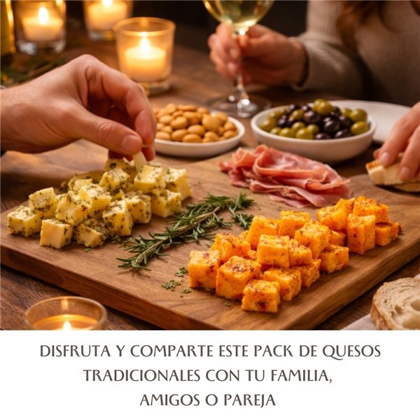 Quesos Gourmet "Pack Contrastes" | 2 Bolsas de Tacos de Queso Curado en Aceite de Oliva Virgen Extra (AOVE) con Pimentón y con Romero | Elaboración Artesana Quesos Saleta-lateral