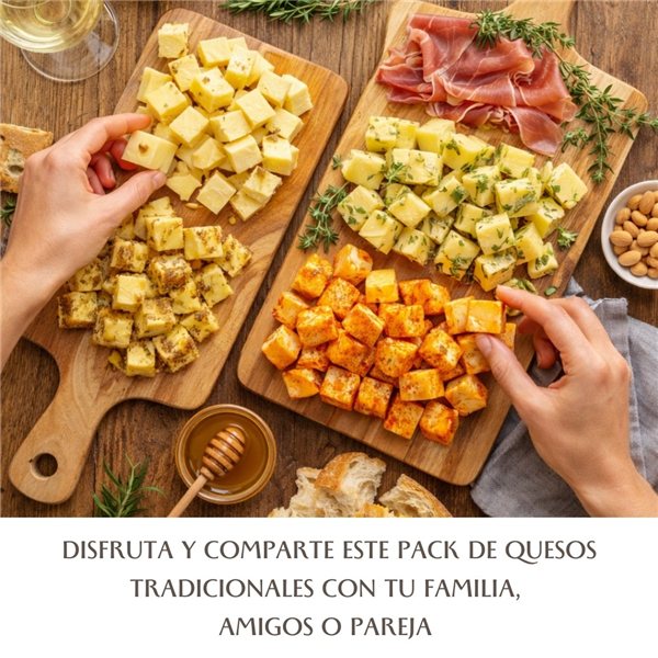 Quesos Gourmet "Pack Degustación" | 4 Bolsas de Tacos de Queso Curado en Aceite de Oliva Virgen Extra (AOVE), con Miel, Con Guindilla y con Romero | Elaboración Artesana Quesos Saleta-lateral
