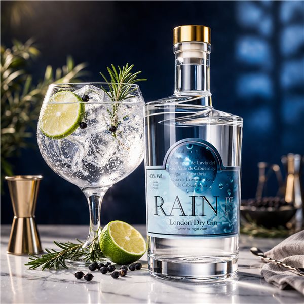 Rain Gin Premium – Gin Artisanal avec Eau de Pluie de Cantabrie, London Dry, 70 cl, 40% Vol-lateral