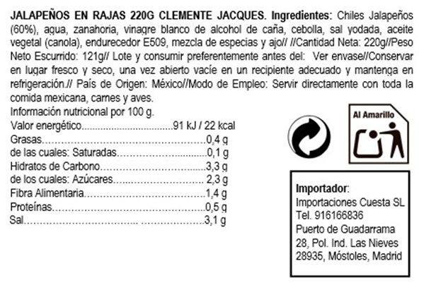 Green Jalapeño Strips Clemente Jacques 220g-trasera