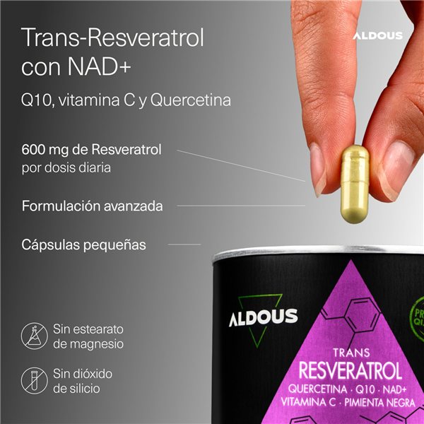 Resvératrol 600 mg avec Vitamine C, Q10, Quercétine, NAD+ et Poivre noir - Pur à 98% - Resvératrol trans-detalle