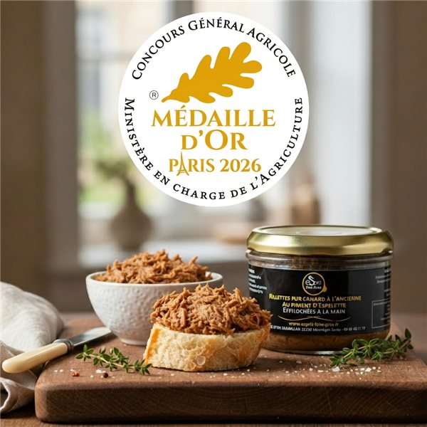 Rillettes de pato a la antigua con pimiento de Espelette - desmenuzadas a mano - 180 g - Medalla de oro 2026 en el concurso general agrícola de París.-trasera