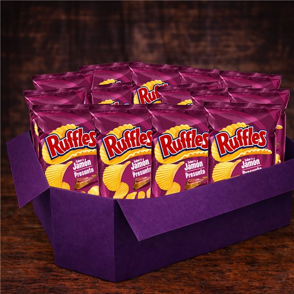 RUFFLES Patatas Fritas Onduladas Sabor Jamón para Aperitivo, Bolsas de 150 g (Con o Sin Regalo)-izquierda