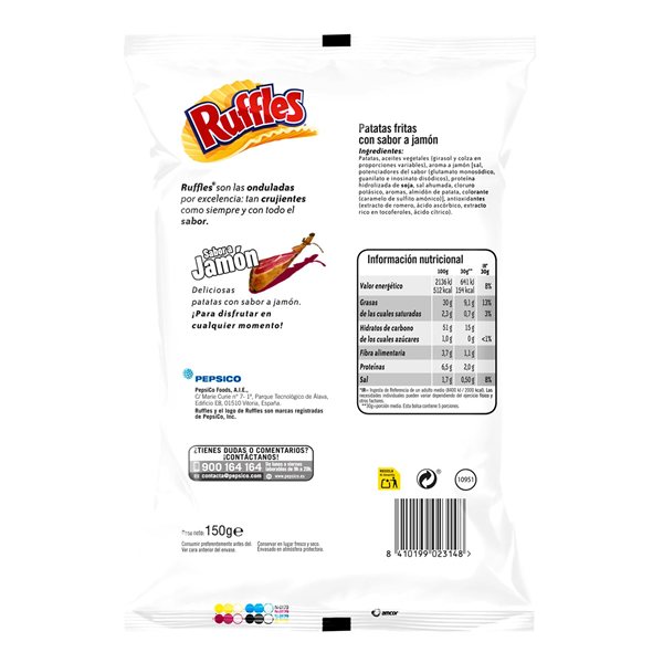 RUFFLES Patatas Fritas Onduladas Sabor Jamón para Aperitivo, Bolsas de 150 g (Con o Sin Regalo)-lateral