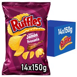 RUFFLES Patatas Fritas Onduladas Sabor Jamón para Aperitivo, Bolsas de 150 g (Con o Sin Regalo)