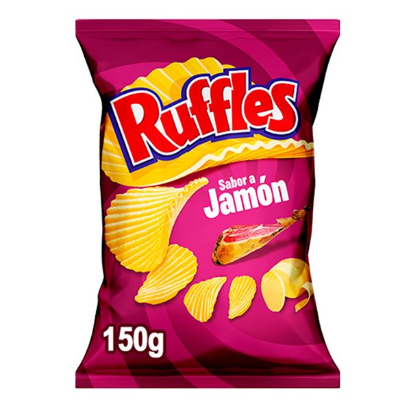 RUFFLES Patatas Fritas Onduladas Sabor Jamón para Aperitivo, Bolsas de 150 g (Con o Sin Regalo)-trasera