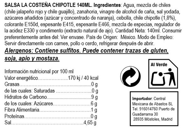 Chipotle Sauce 140 ml glass bottle "La Costeña" 140-detalle