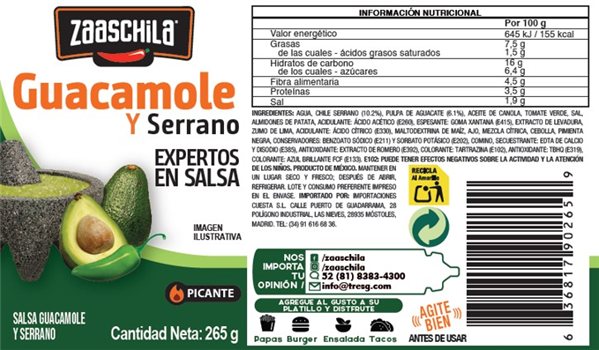 Salsa guacamole con chile serrano Zaaschila 265g-detalle