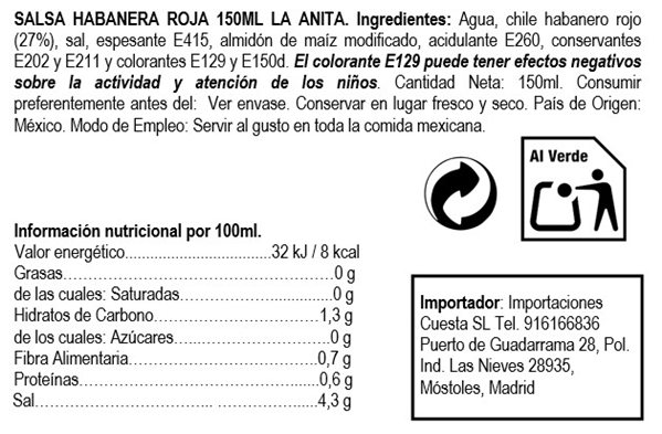Salsa Habanera Roja 12/150ml La Anita-lateral