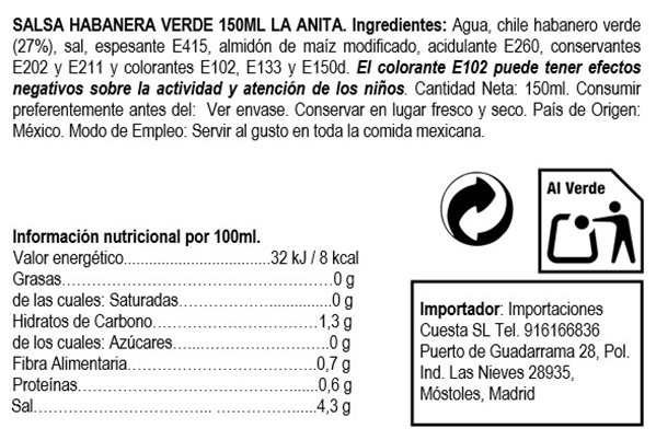 Salsa Habanera Verde  La Anita-lateral