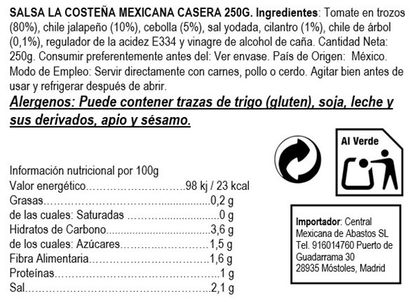 Salsa mexicana casera 250g cristal "La Costeña" 250g-detalle