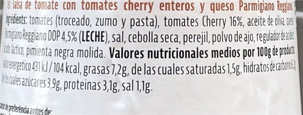 Salsa tomates CHERRYS con queso parmigiano “sacla”-detalle