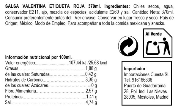 Valentina Sauce (Red Label) 370ml-detalle