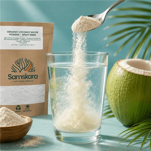 Samskara Poudre d'Eau de Coco Bio | 250g | Séchée par Atomisation, 100% Pure, Poudre d'Eau de Coco Bio du Sri Lanka, d'Origine Végétale et Végane, pour Smoothies, Boissons et Recettes-detalle