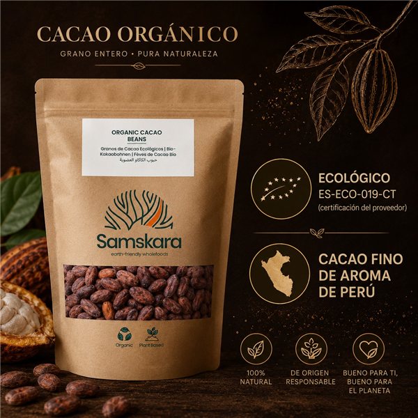 Samskara Granos de Cacao Orgánico Crudo | 250g | Cacao Natural Sin Tostar, Sin Azúcar ni Aditivos | Ideal para Chocolate, Repostería, Smoothies y Snacks-izquierda