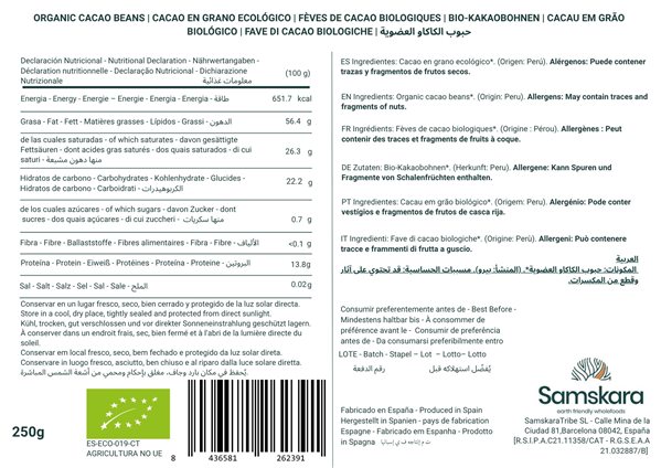 Samskara Granos de Cacao Orgánico Crudo | 250g | Cacao Natural Sin Tostar, Sin Azúcar ni Aditivos | Ideal para Chocolate, Repostería, Smoothies y Snacks-lateral