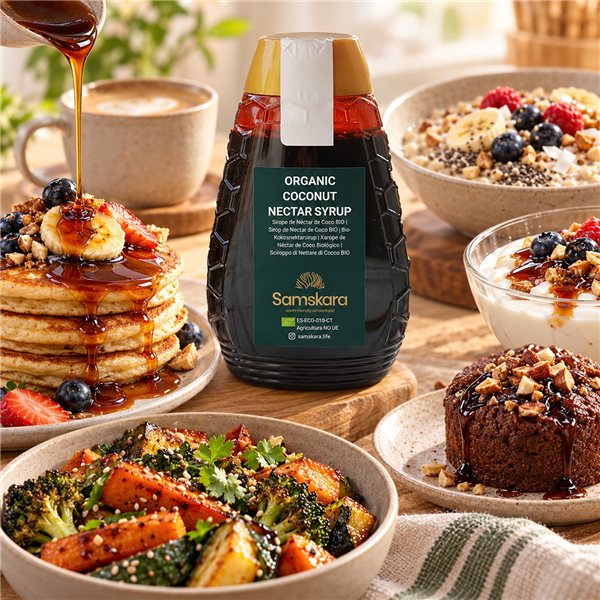 Samskara Organic Coconut Nectar Syrup 500 g – Natural Sweetener from Coconut Blossom, Vegan Alternative to Honey and Refined Sugar, for Pancakes, Baking, Desserts, and Beverages-detalle