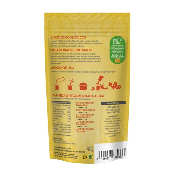 Semillas de Lino dorado molido bio 250g Sol Natural-trasera