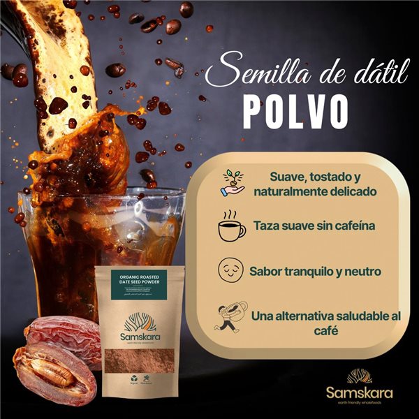 Semillas tostadas de dátiles en polvo BIO | Café de dátiles | (250g) | Alternativo al Café, prebióticos y polifenoles naturales | Sin cafeína ni ácidez-lateral