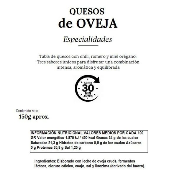 Sobre de quesos especialidades 150 g (chili, romero, miel)-izquierda