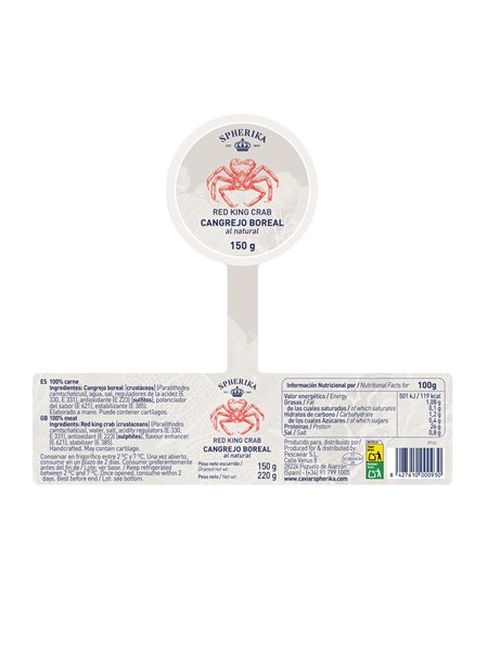 SPHERIKA, carne de cangrejo King Crab 150g (peso escurrido)-lateral