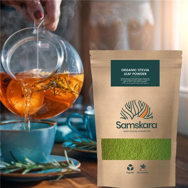 BIO Stevia Leaves Ground | Sweeten Infusions with a Touch of Licorice | Whole Raw Leaf Ground | Samskara-izquierda