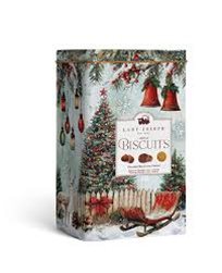 Assorted cookies in a Christmas metal tin.