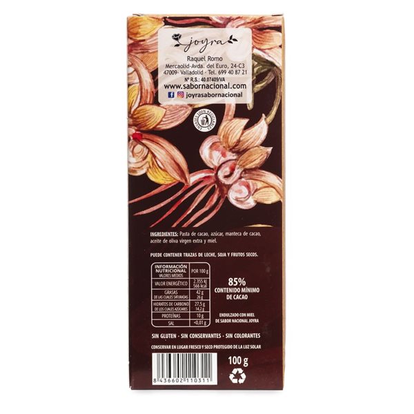Pack mit 3 handgefertigten Tabletten aus 85% dunkler Schokolade mit Honig - 100 g.-izquierda