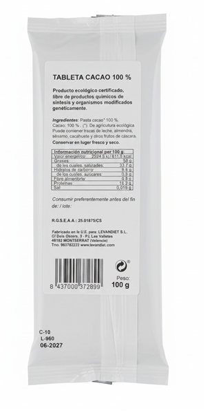 TABLETA CACAO 100% 100 gr-lateral