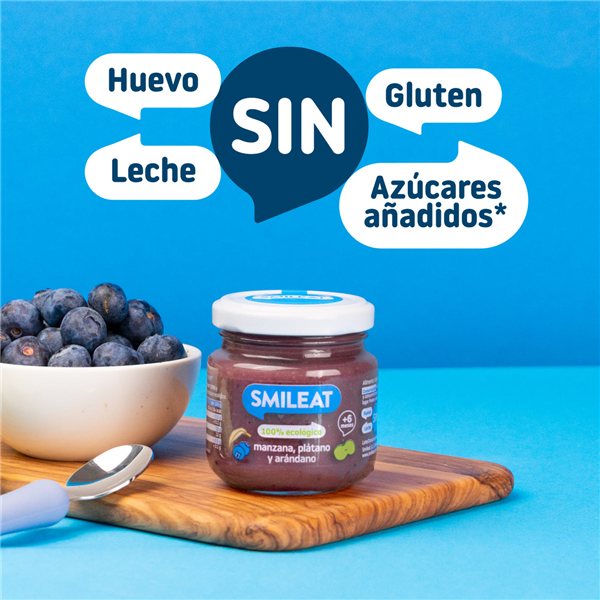 Jar of blueberries, banana, and apple-detalle