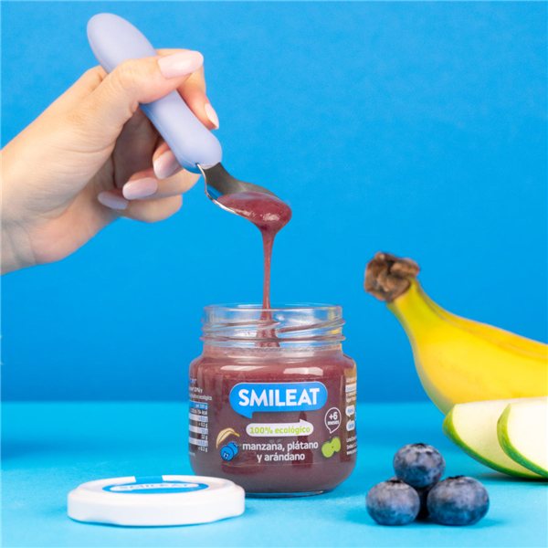 Jar of blueberries, banana, and apple-lateral