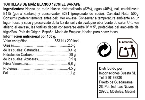 Tortilla de maiz blanco 12cm El Sarape 200gr-lateral